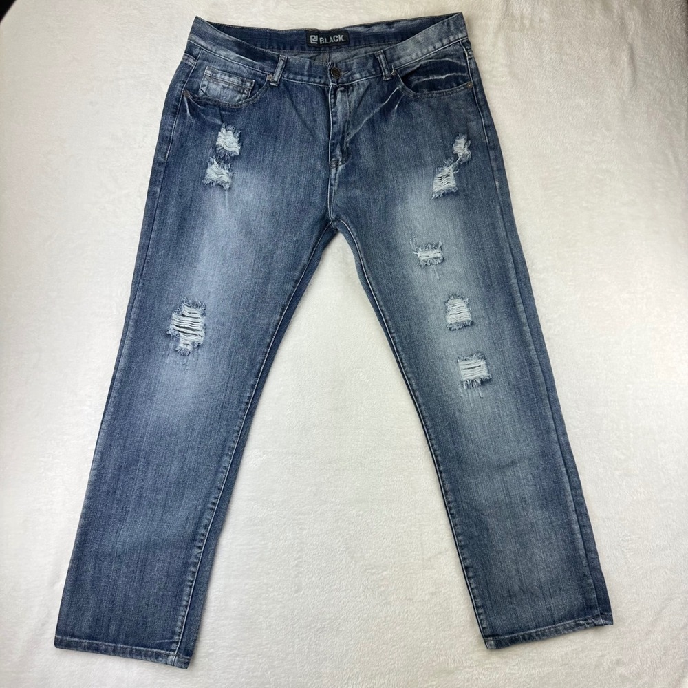 Black Jeans Denim Pants Mens Distressed Low Rise Slim Straight 38x32 Blue Cotton